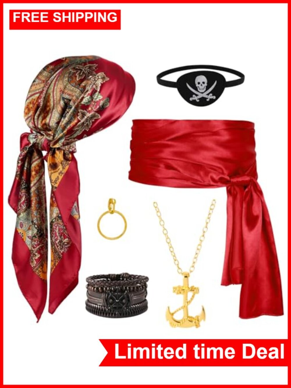 Pirate Costume Accessory Set Bandana Belt Necklace Bracelets
